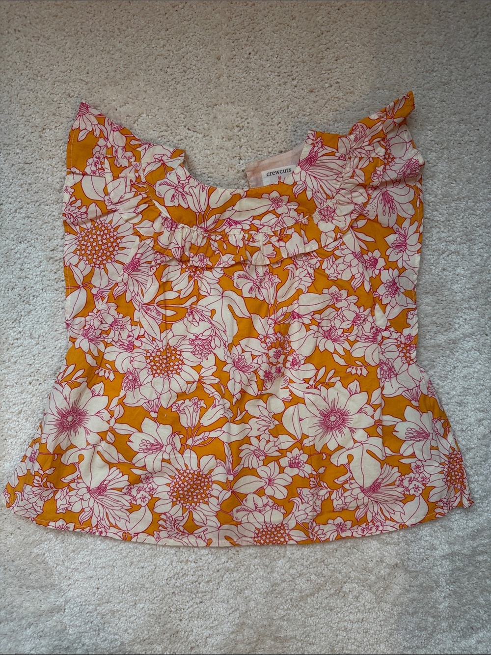 Crewcuts Yellow Floral Ruffle-Neck Top with Pink and Cream Flowers